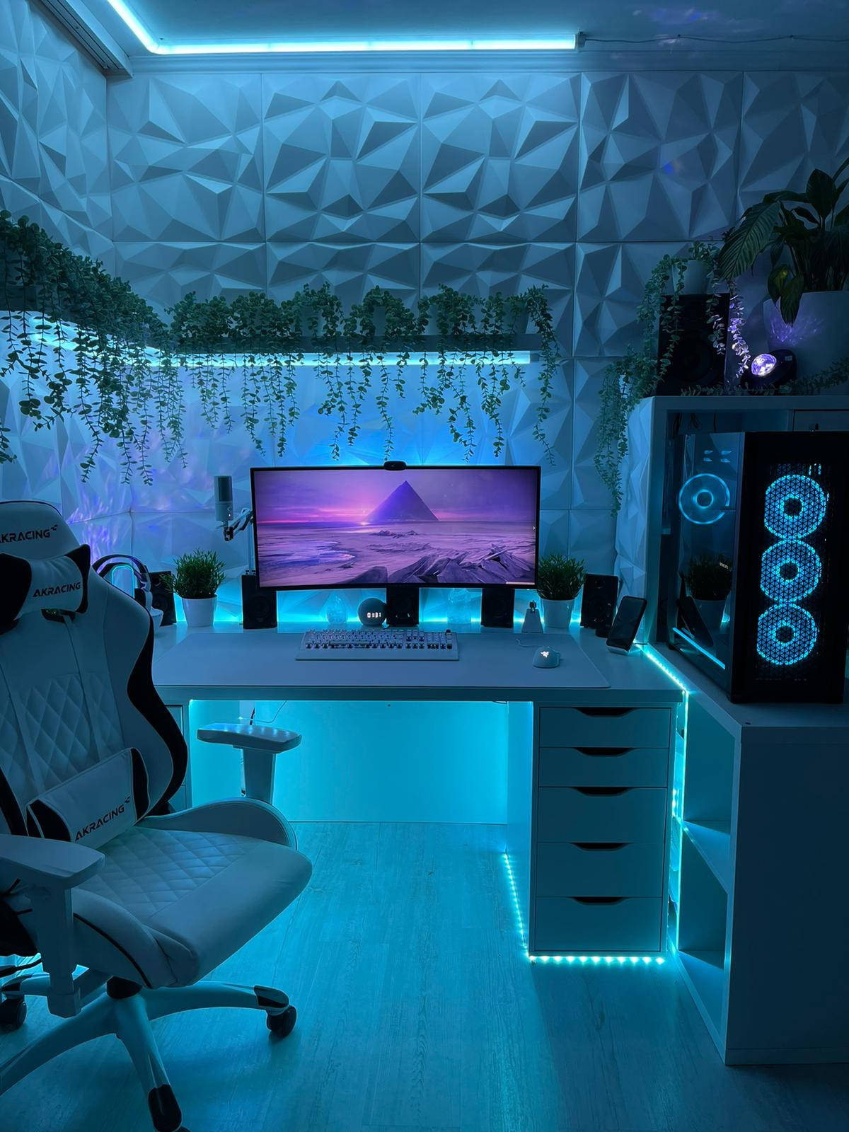 White PC, cool blue LED lights, geometric wall panels, HD Phone Wallpaper