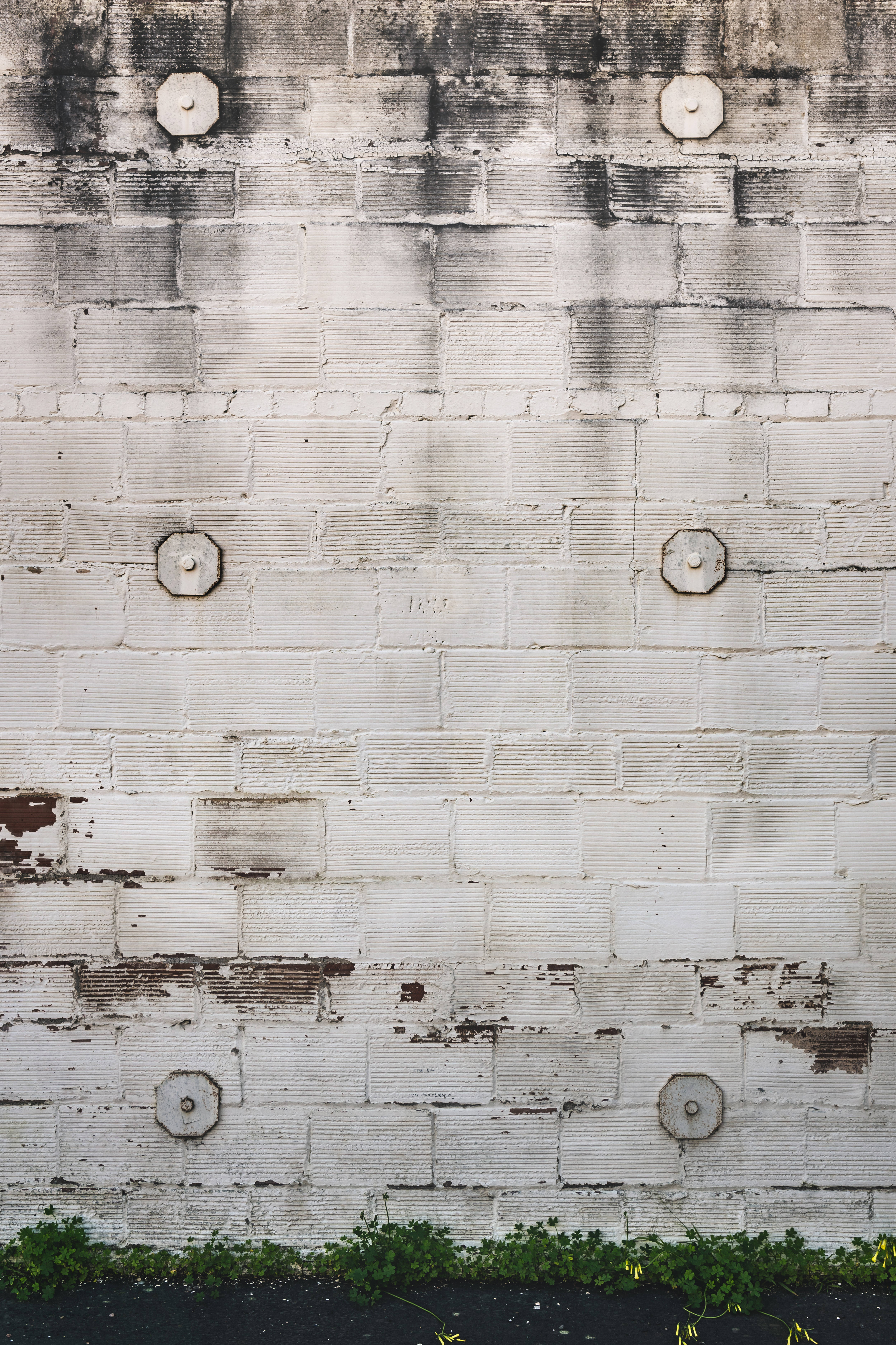 chiseled white brick wall, bolts, peeling paint, 5K Phone Wallpaper