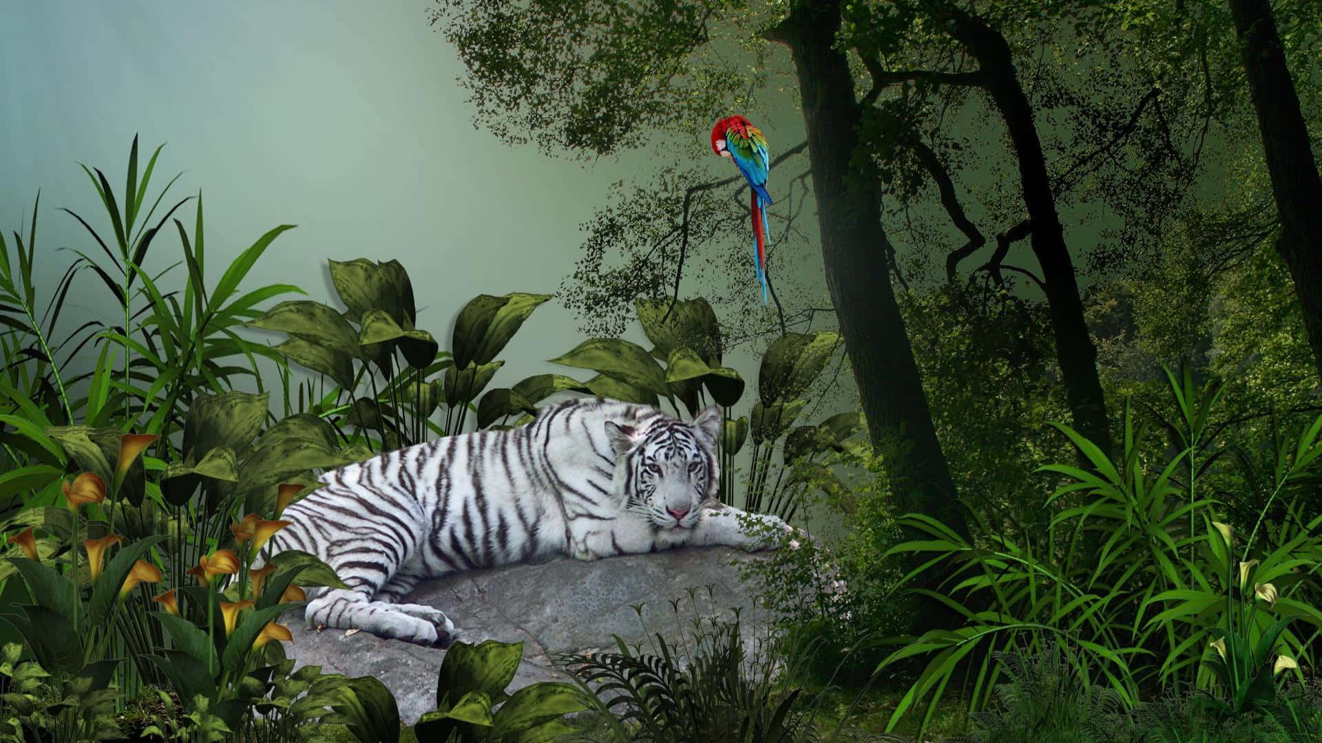 White Tiger, Jungle, Mossy Rock, Full HD Desktop Wallpaper