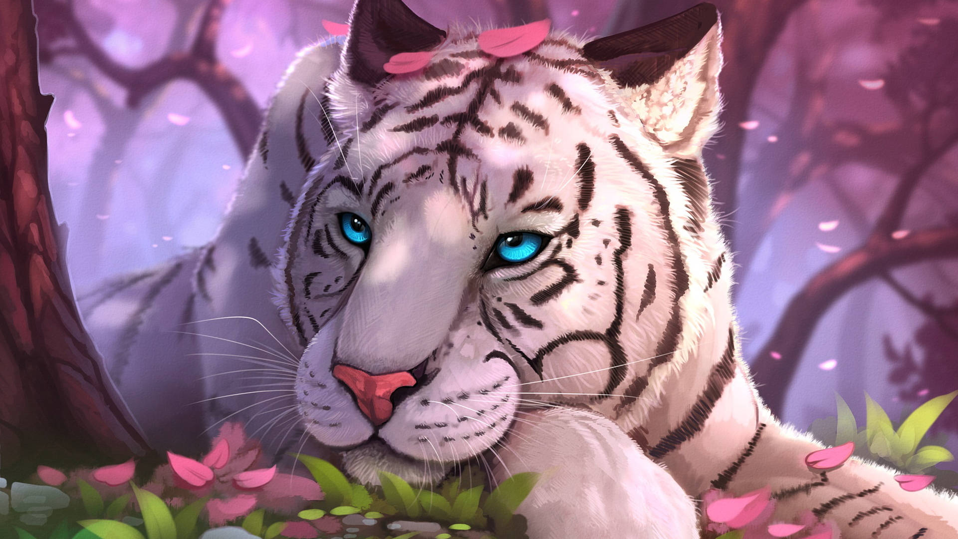 white tiger, glowing blue eyes, pink cherry blossoms, Full HD Desktop Wallpaper