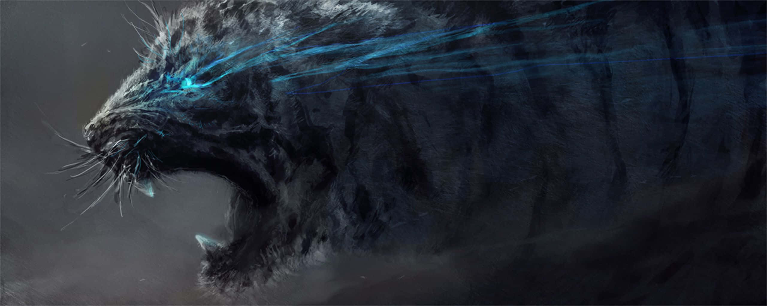 White Tiger, glowing blue energy streaks, snarling face, 2K Desktop Wallpaper