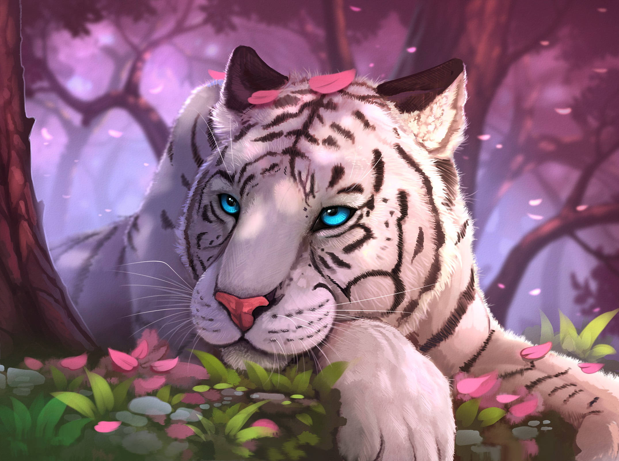 White Tiger, blue eyes, pink cherry blossoms, Full HD Desktop Wallpaper
