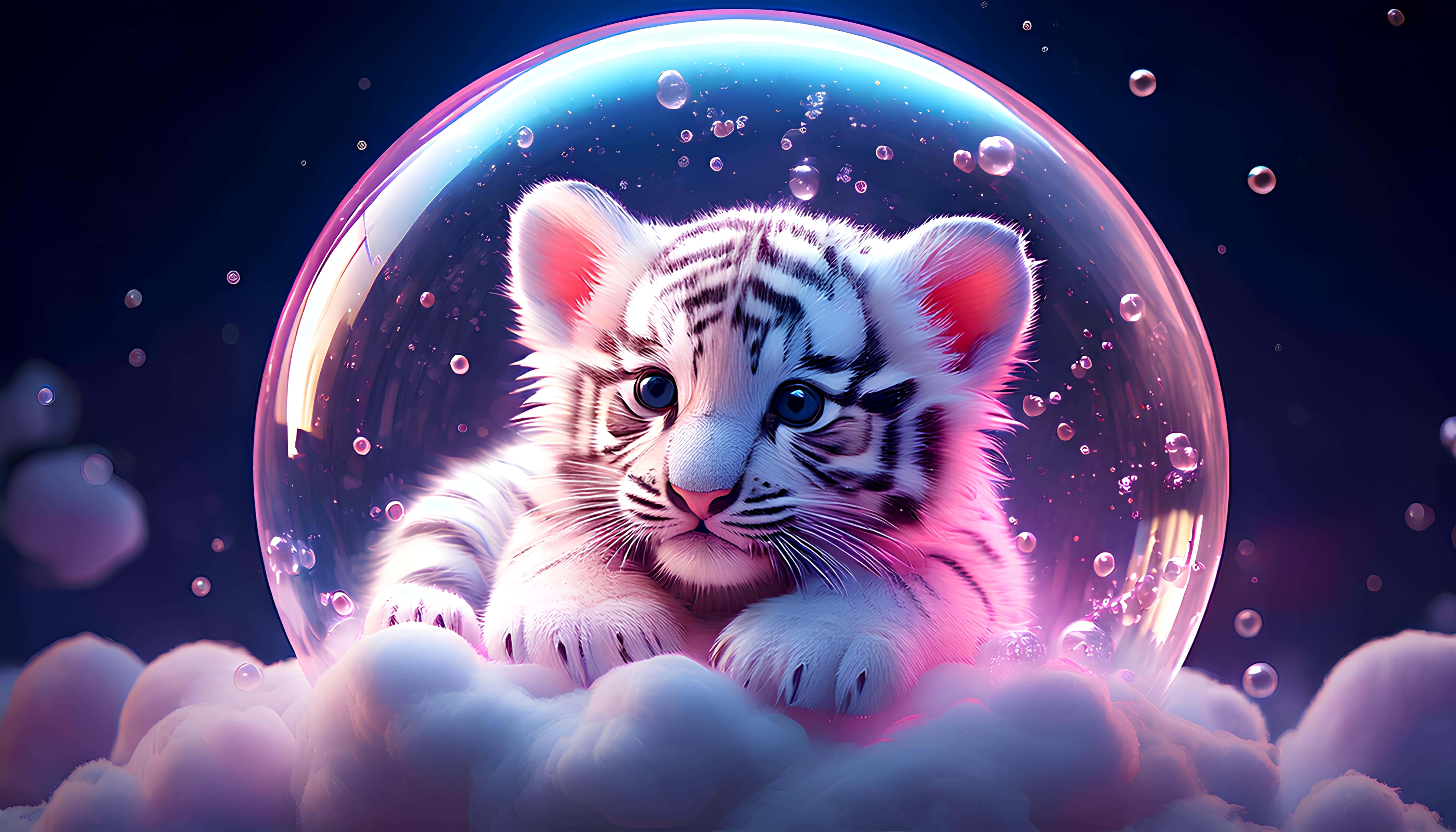 white tiger cub, blue eyes, glowing bubble, 5K Desktop Wallpaper