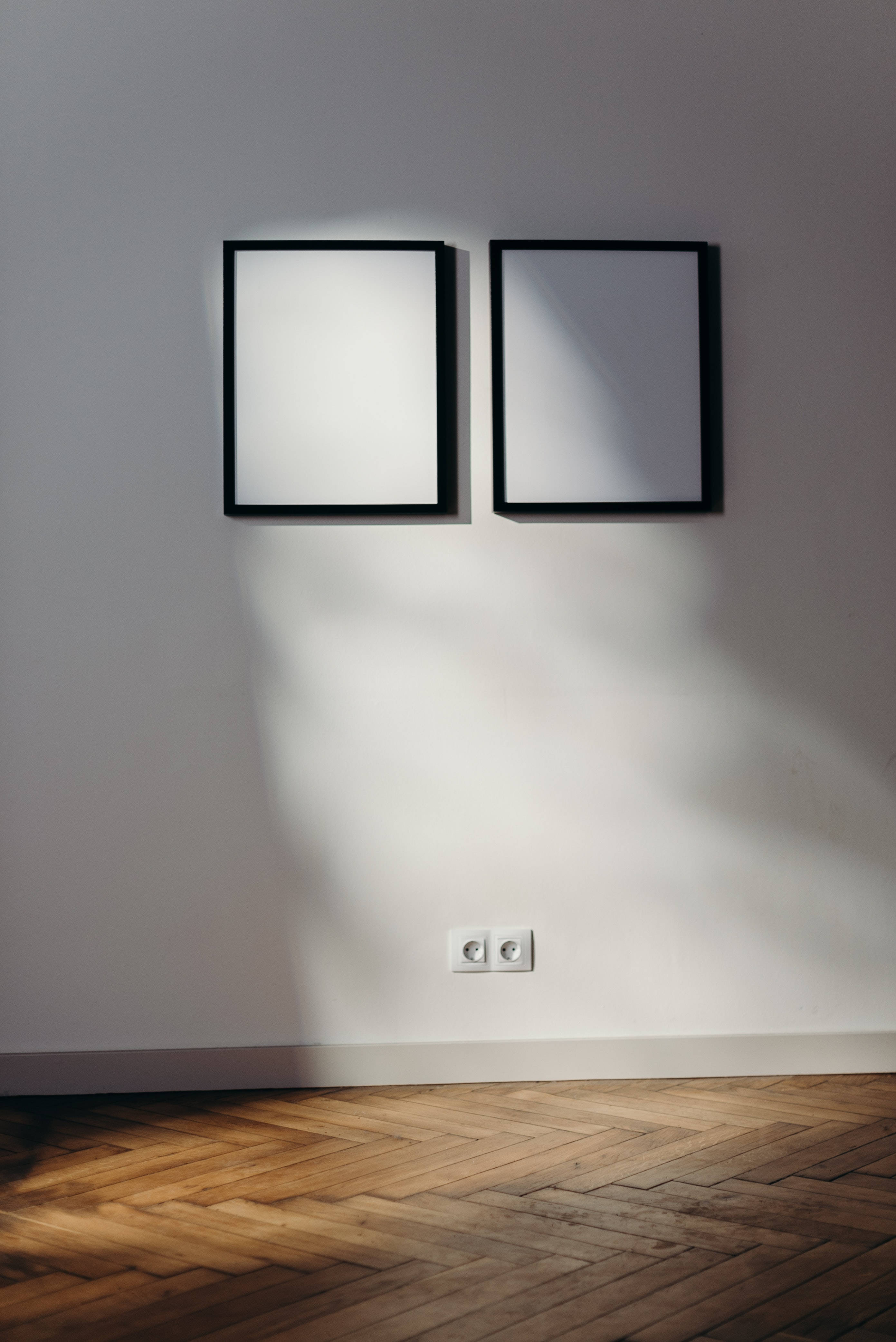 white wall, blue sky, black-framed pictures, 4K Phone Wallpaper