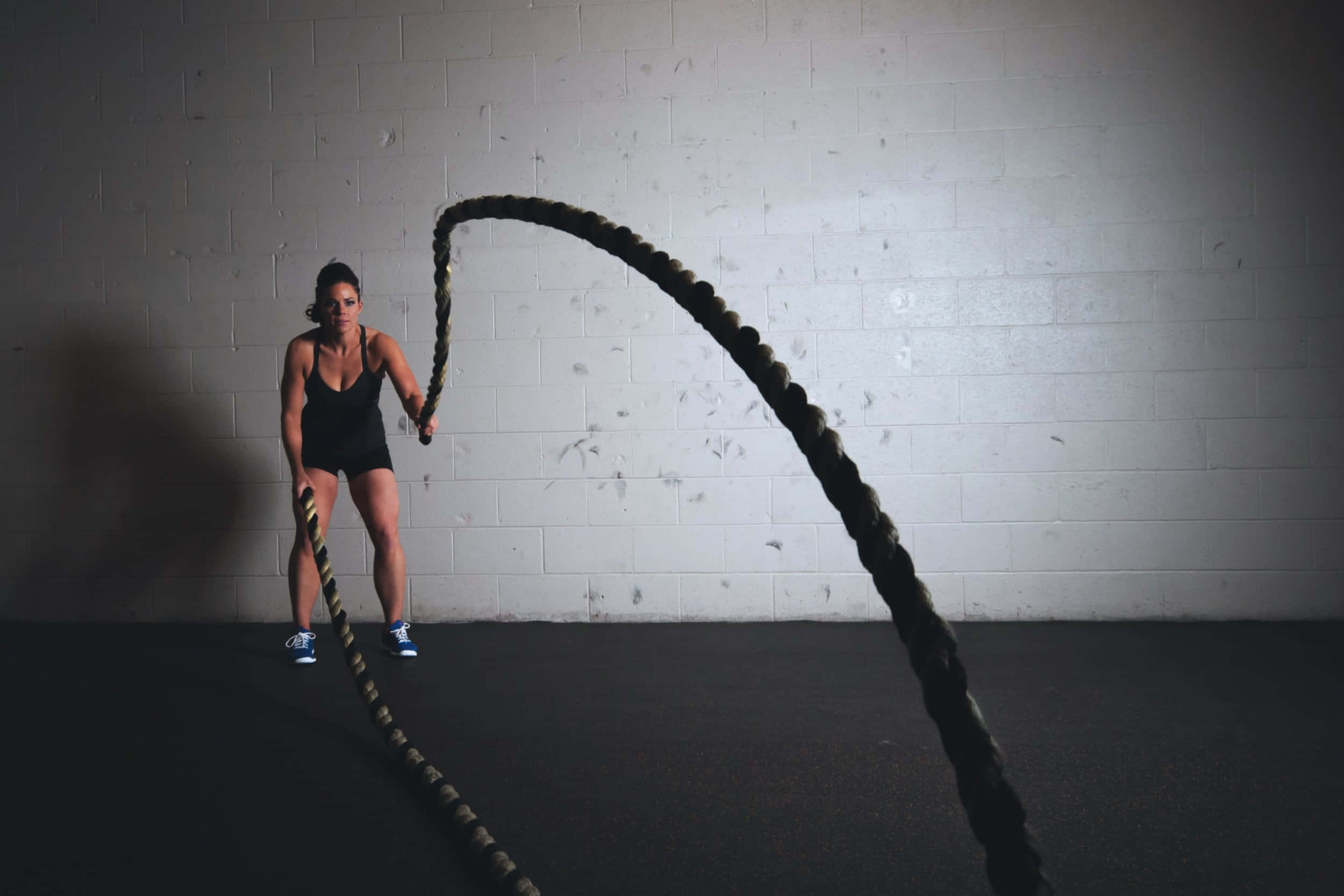 battle rope, black workout outfit, stark white brick wall, Full HD Desktop Wallpaper