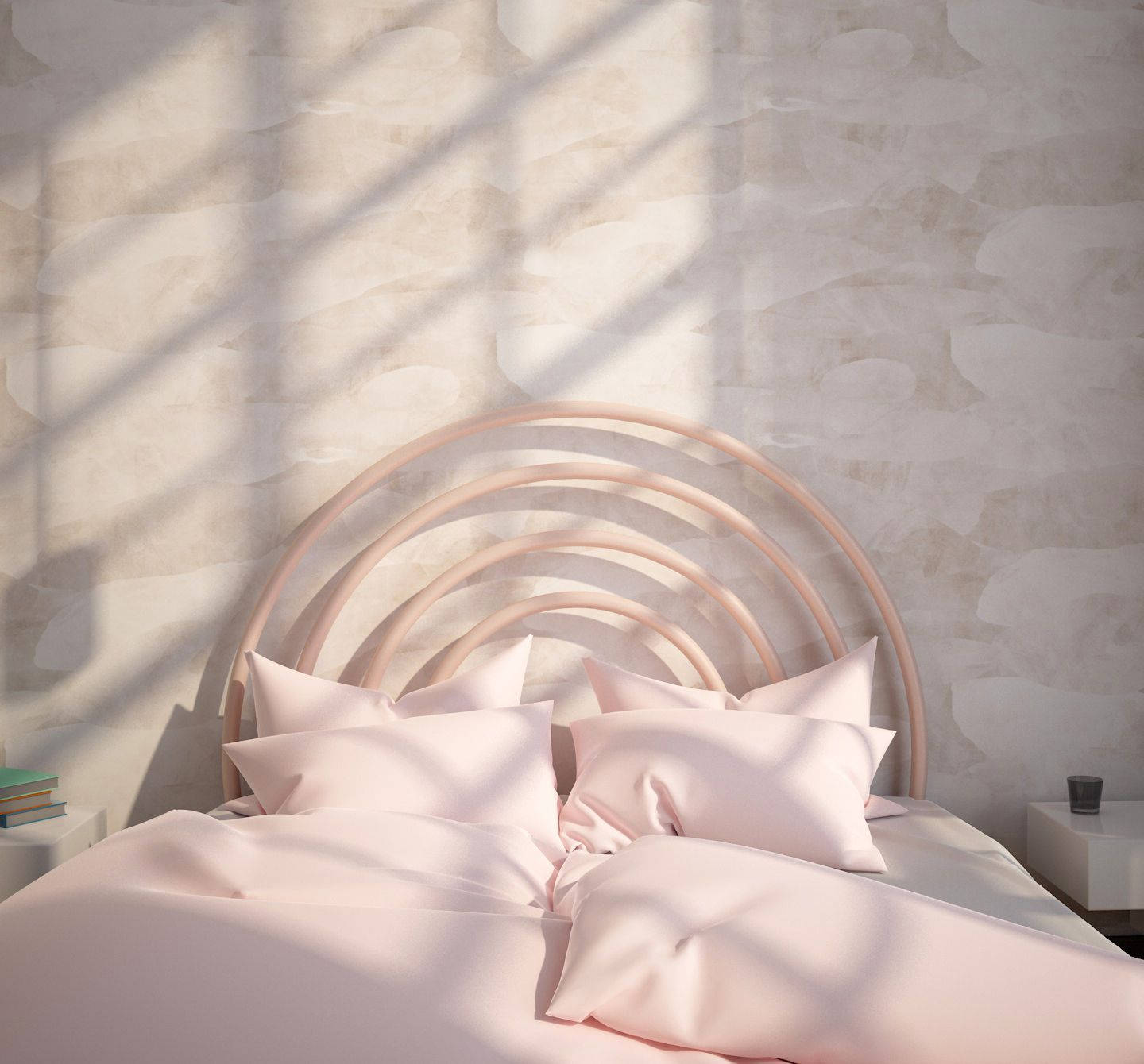 white bed, curved wooden headboard, warm sunlight, HD Desktop Wallpaper