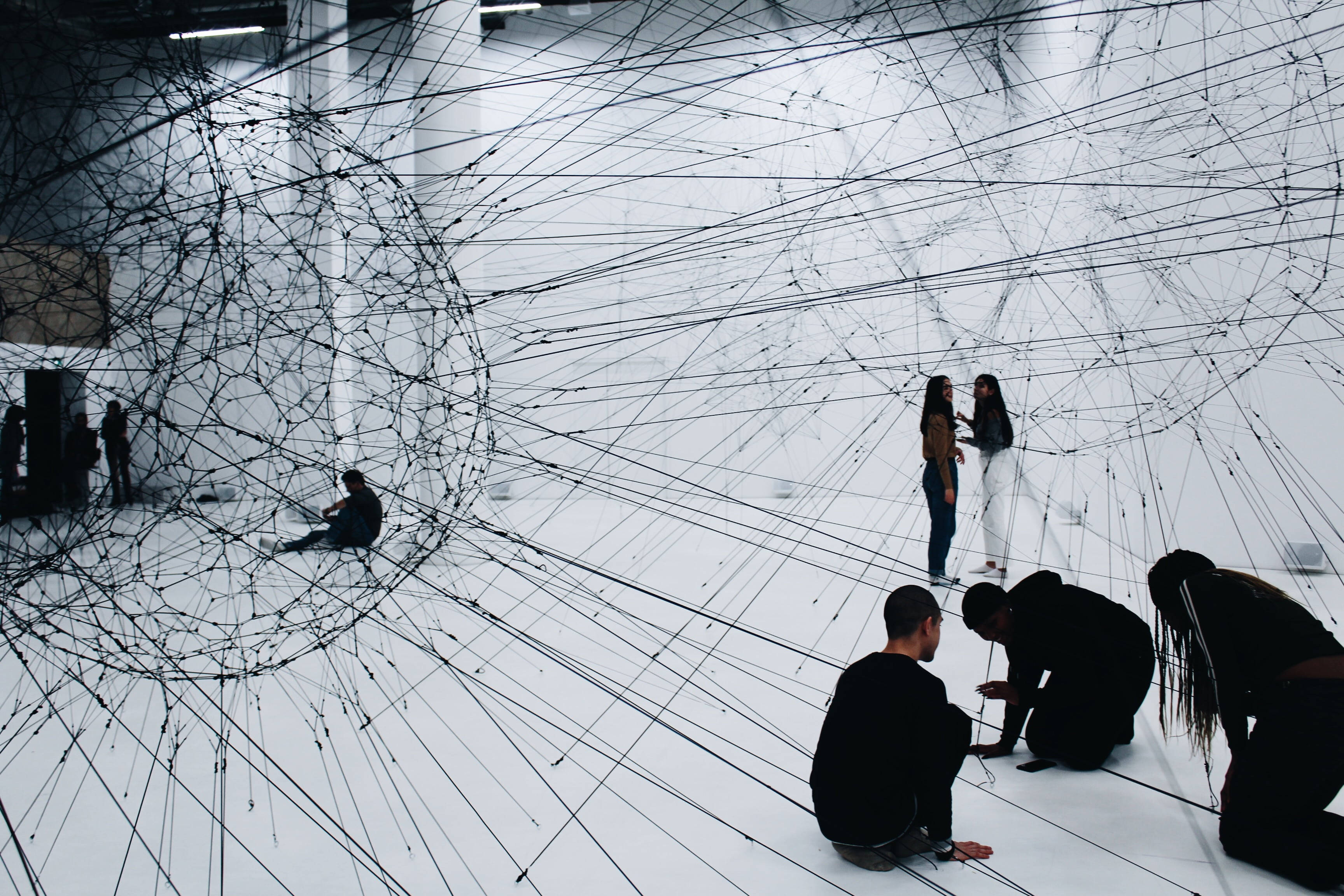 black wire sculpture, stark white gallery space, group of people, 2K Desktop Wallpaper