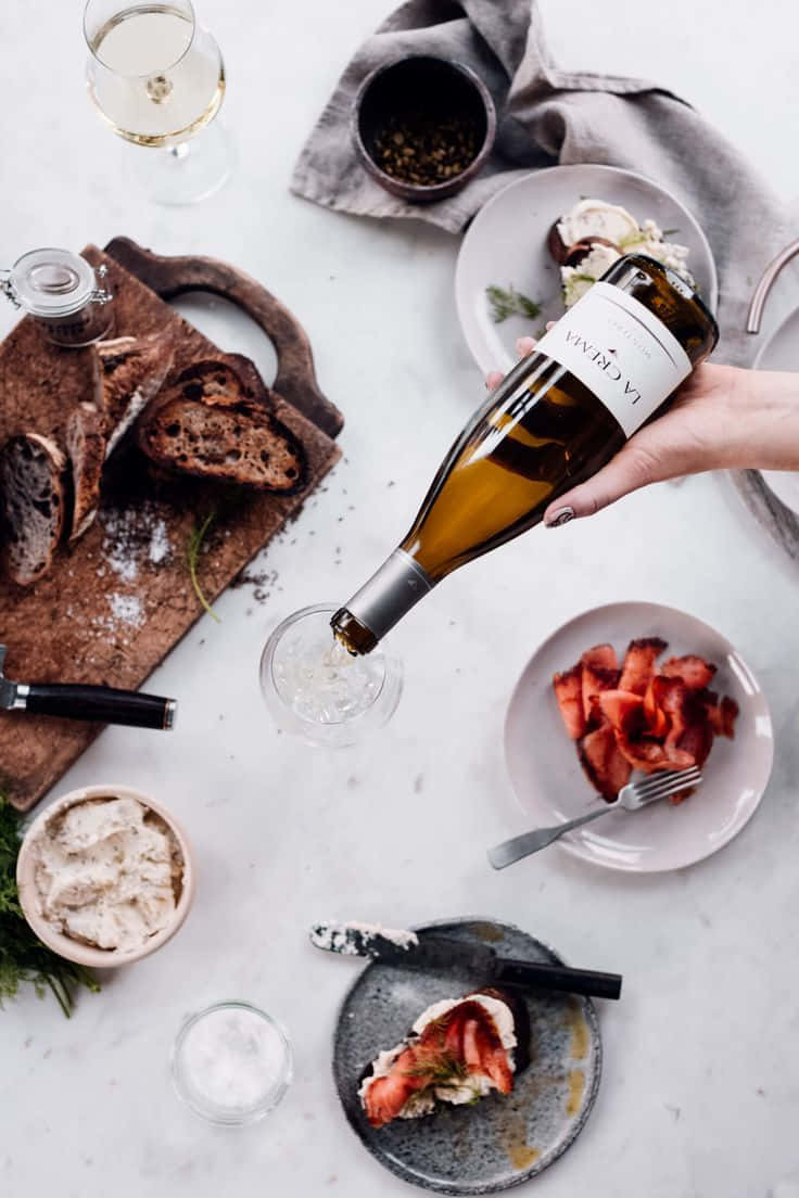 White Wine, marble table, bread, SD Phone Wallpaper