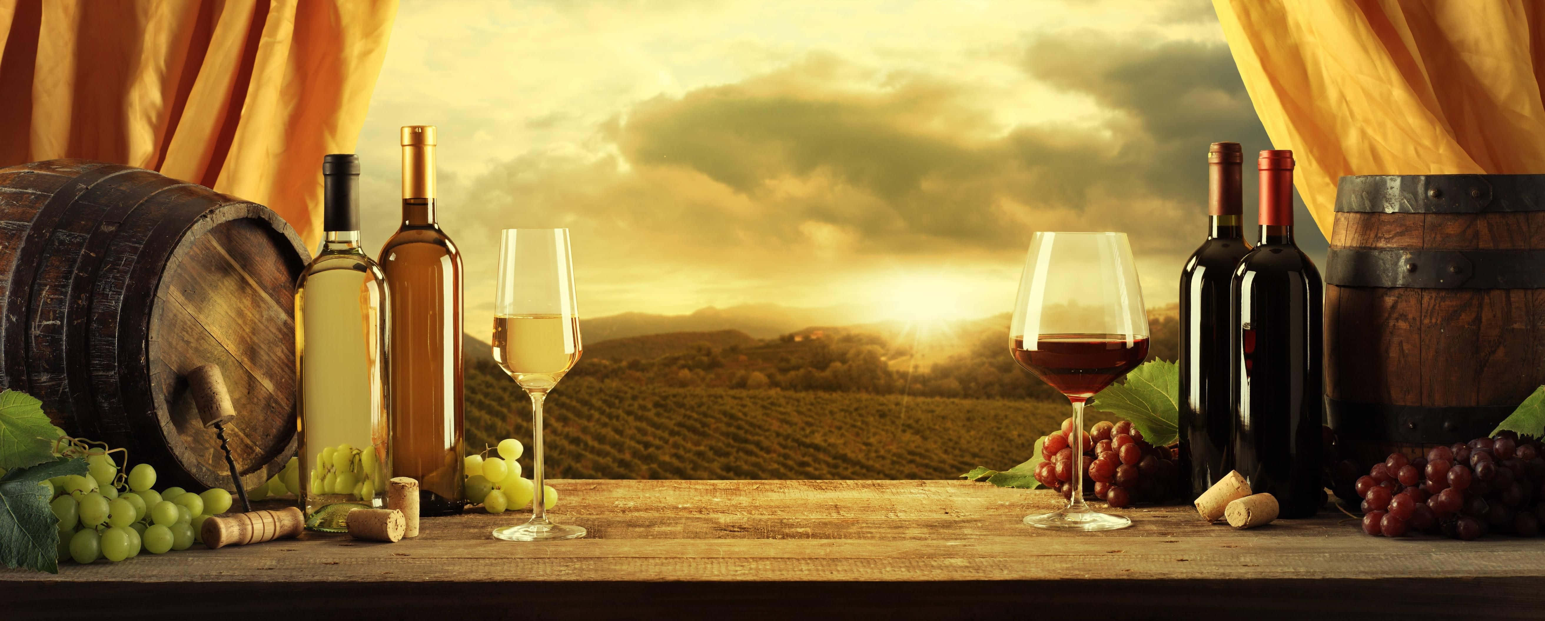 White Wine, golden sunset, rolling vineyards, 5K Desktop Wallpaper