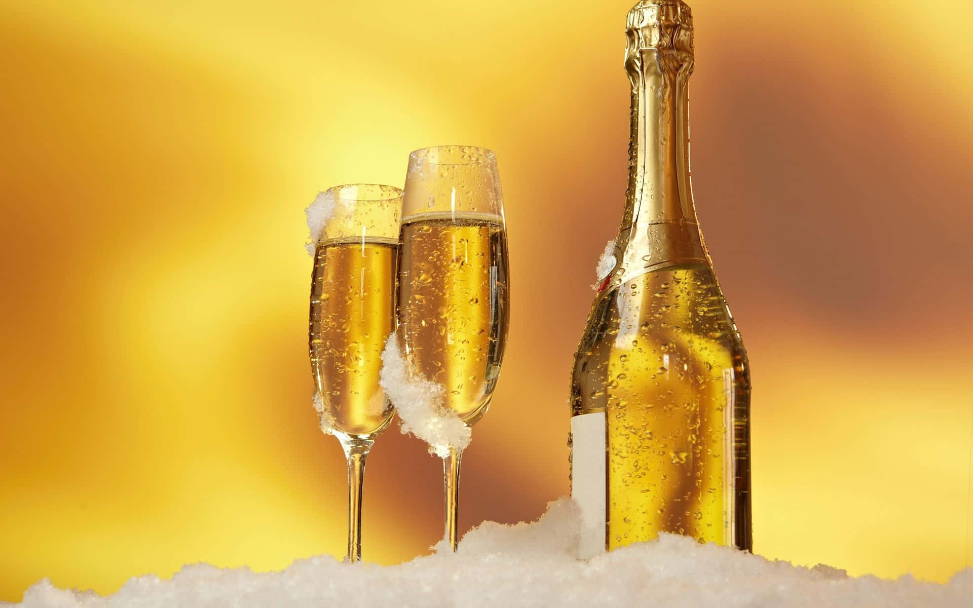 White Wine, champagne flutes, bottle chilled in snow, Full HD Desktop Wallpaper