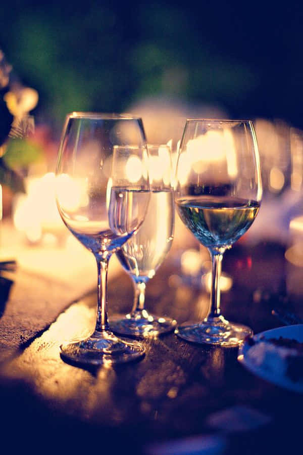 white wine, three wine glasses, wooden table, SD Phone Wallpaper
