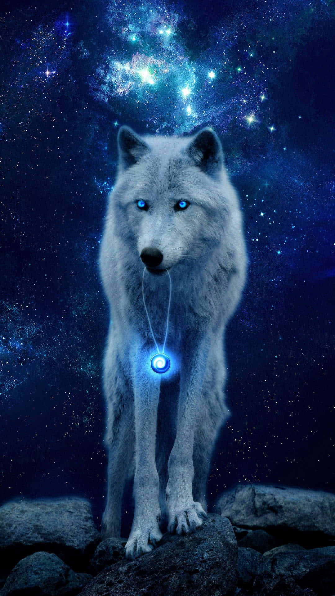 white wolf, glowing blue eyes, rocks, Full HD Phone Wallpaper
