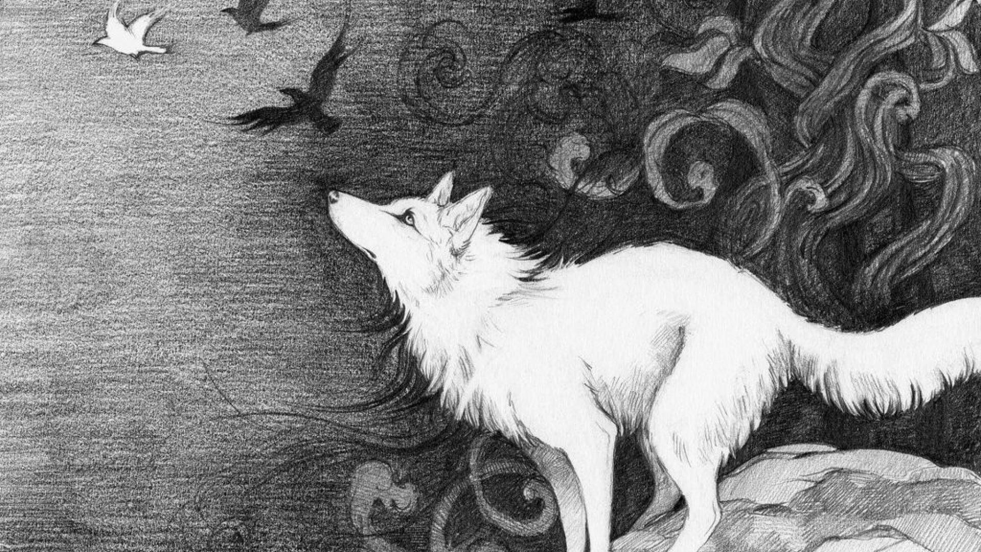 White Wolf, forest, swirling dark clouds, Full HD Desktop Wallpaper