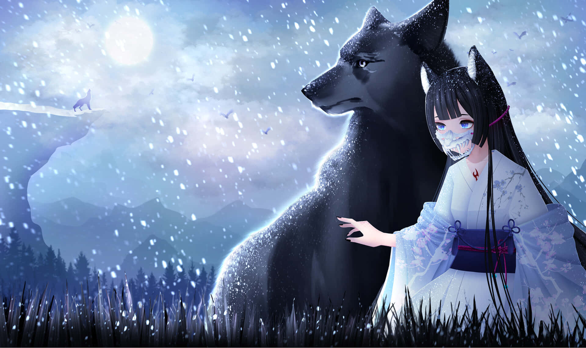 White Wolf, girl, white kimono, Full HD Desktop Wallpaper
