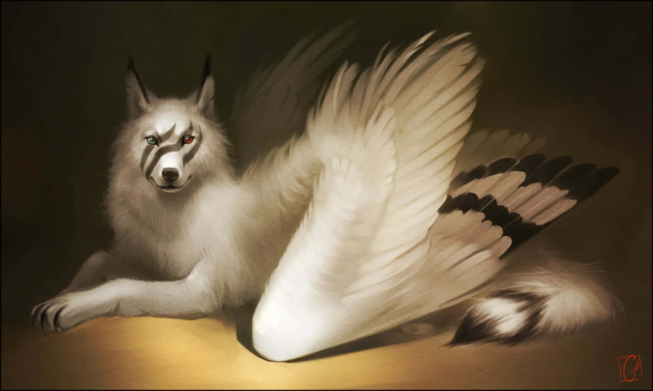 white wolf, feathered wings, golden surface, HD Desktop Wallpaper