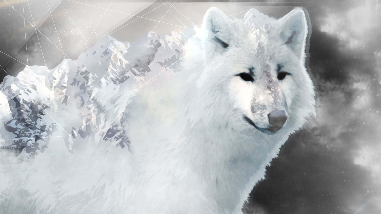White Wolf, snowy mountain landscape, geometric lines, HD Desktop Wallpaper