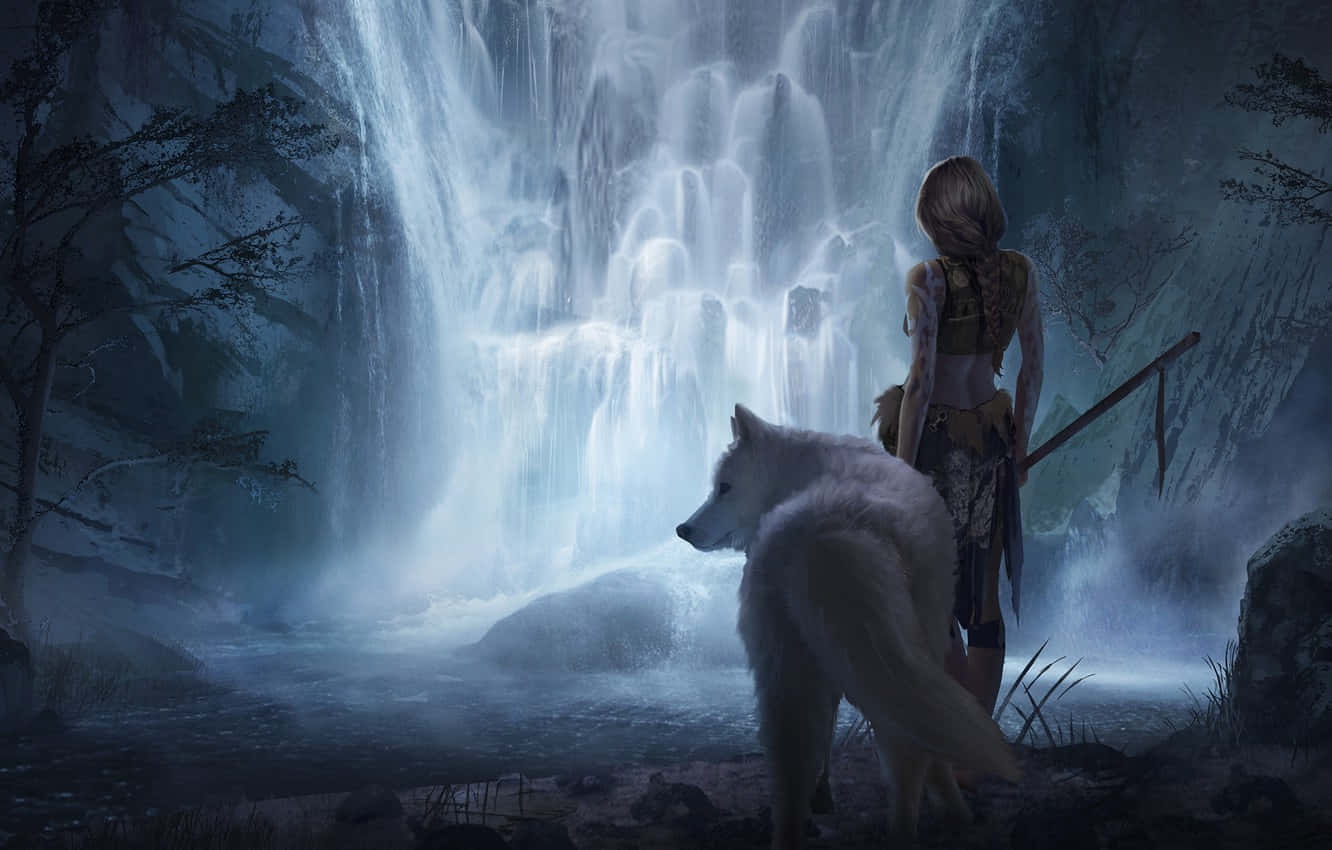 White Wolf, luminous waterfall, misty forest, HD Desktop Wallpaper