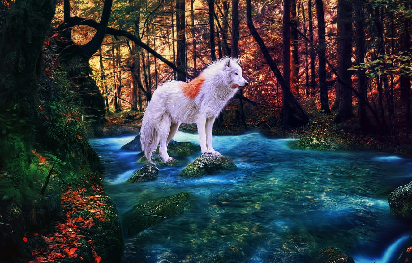 white wolf, snowy landscape, glowing blue stream, HD Desktop Wallpaper