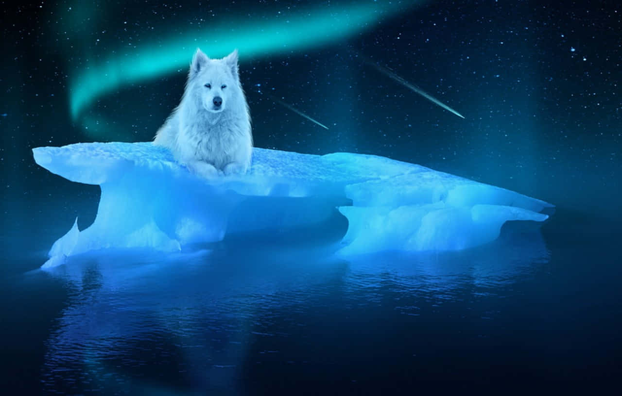 White Wolf, snowy forest, glowing blue iceberg, HD Desktop Wallpaper