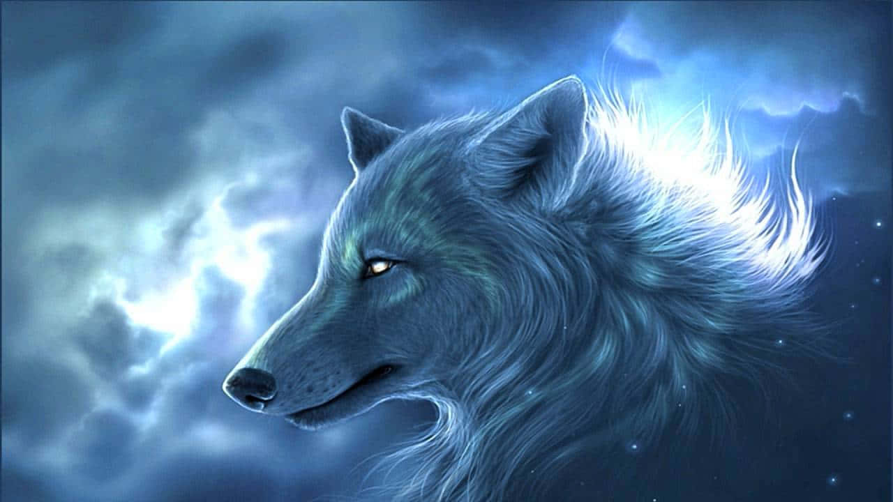 White Wolf, glowing amber eyes, stormy blue sky, HD Desktop Wallpaper