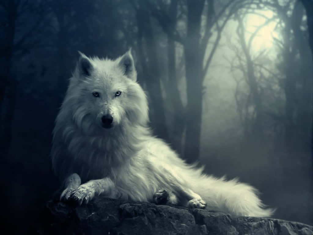 White Wolf, mossy rock, misty moonlit forest, SD Desktop Wallpaper