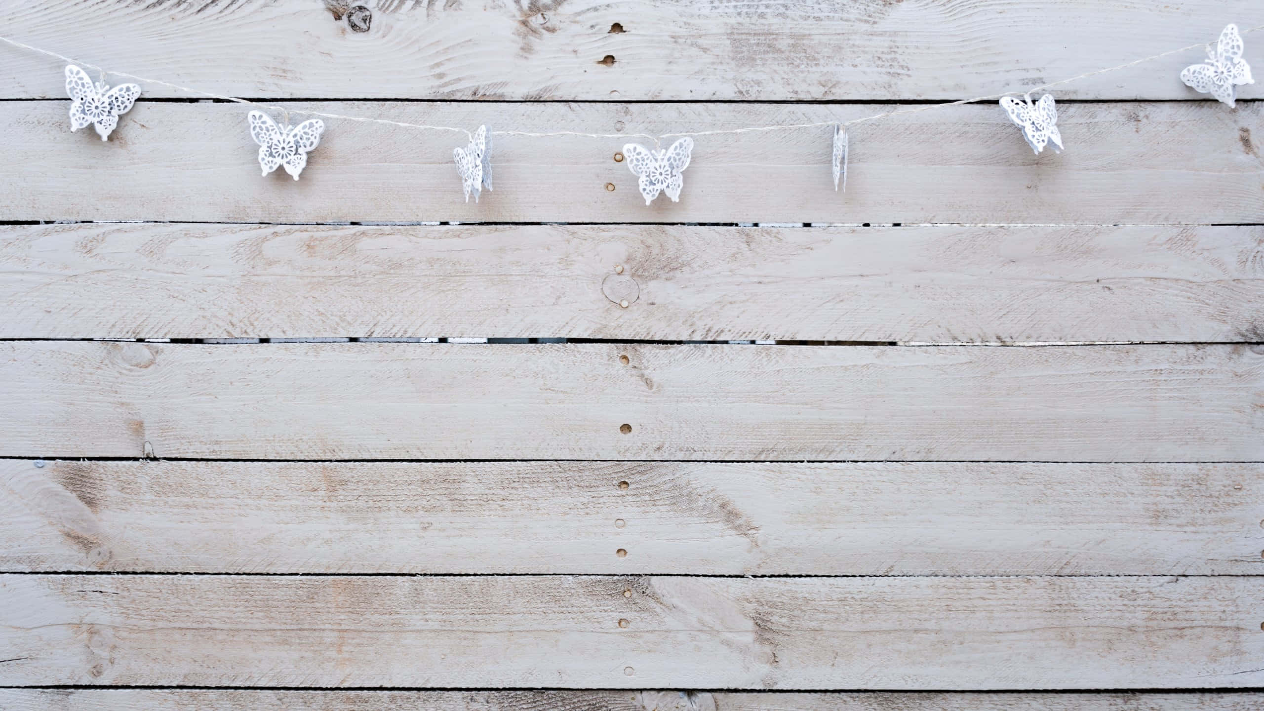 white wooden background, butterfly decorations, lace butterfly garland, 2K Desktop Wallpaper