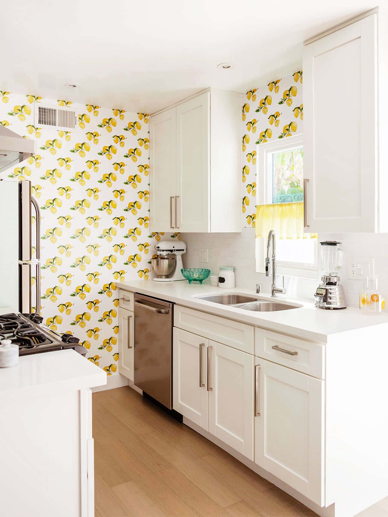 yellow lemon wallpaper, white cabinets, natural daylight, HD Phone Wallpaper