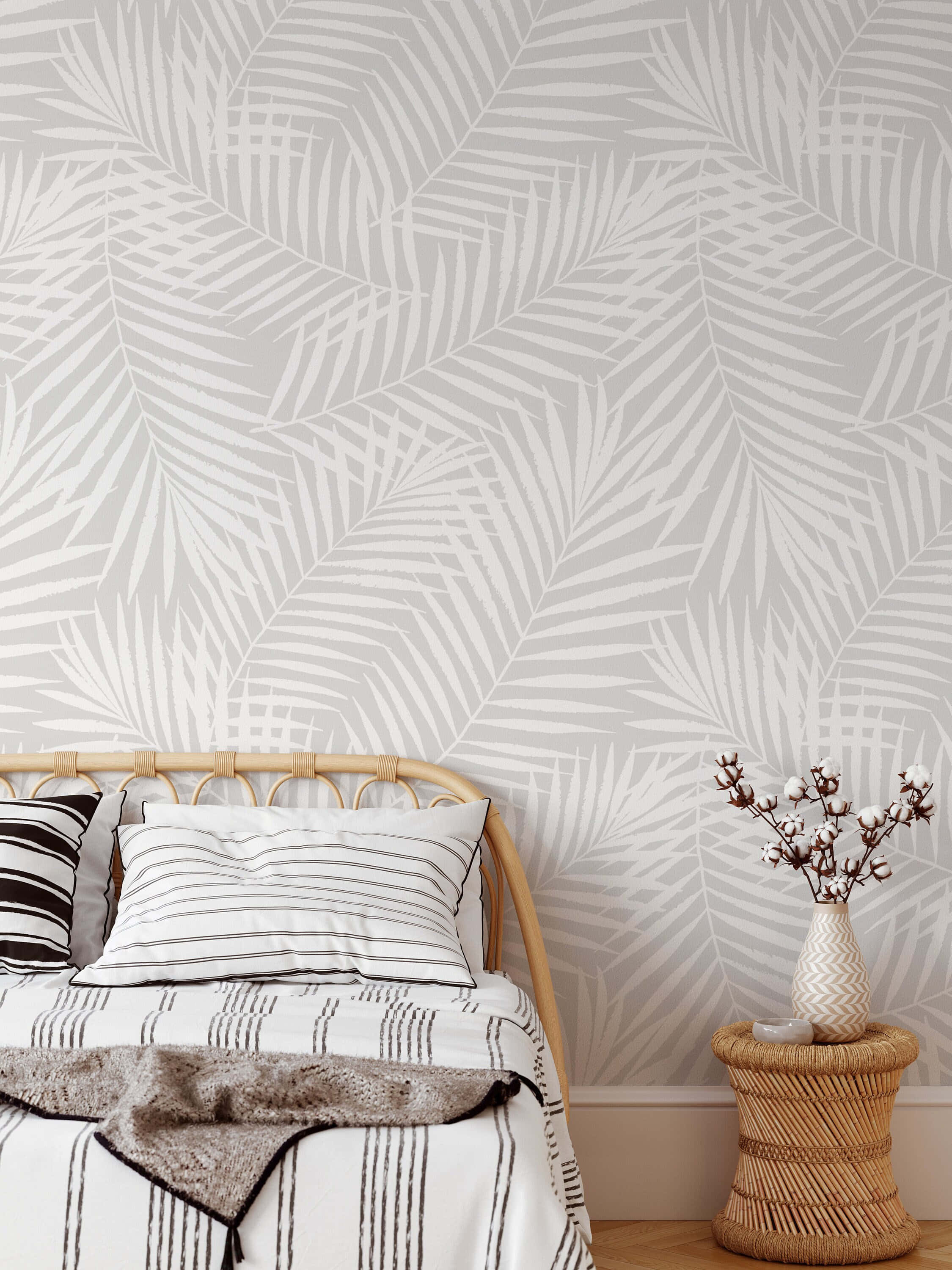 striped linens, rattan headboard, gray wall, 2K Phone Wallpaper