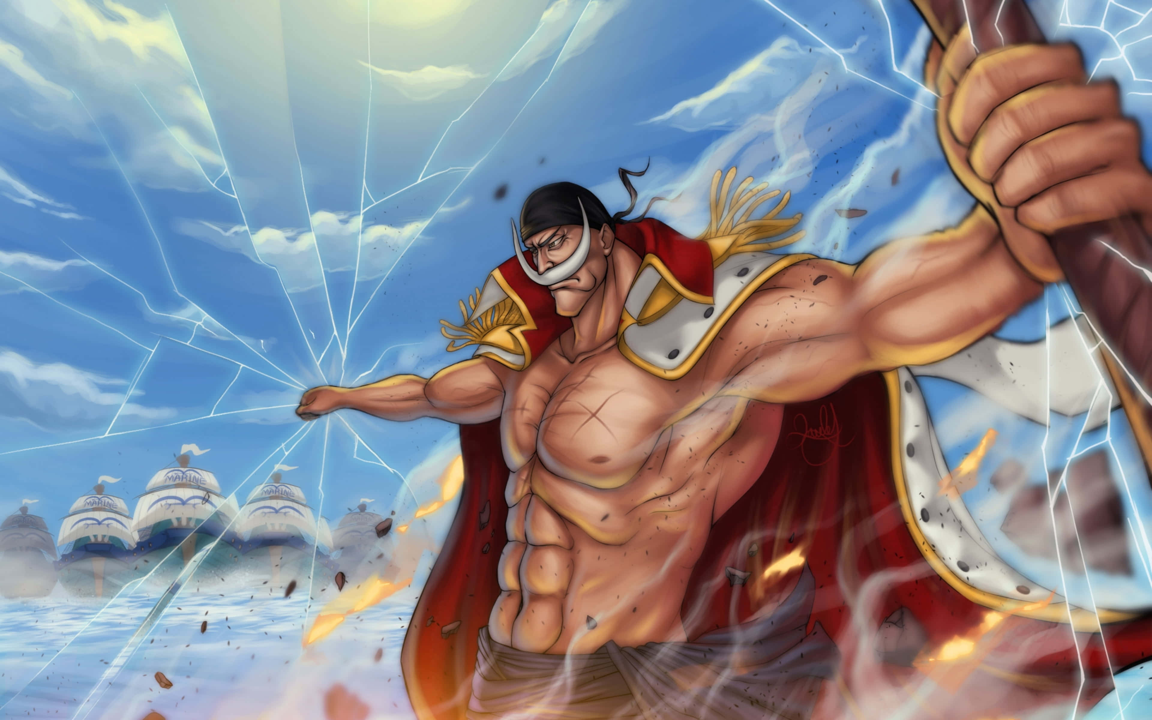 Whitebeard, red cape, glowing energy, 4K Desktop Wallpaper