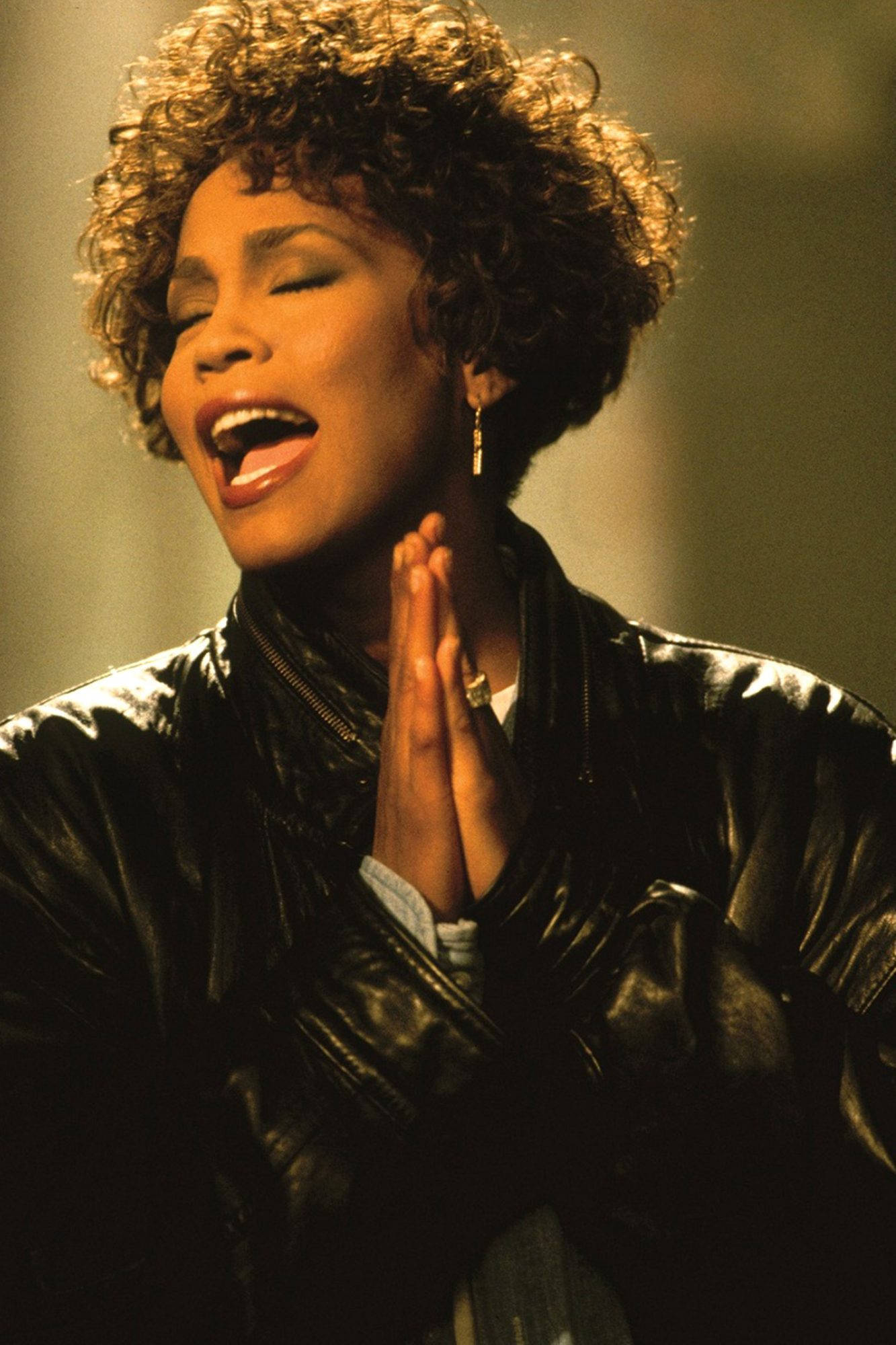 Whitney Houston, curly hair, black leather jacket, Full HD Phone Wallpaper