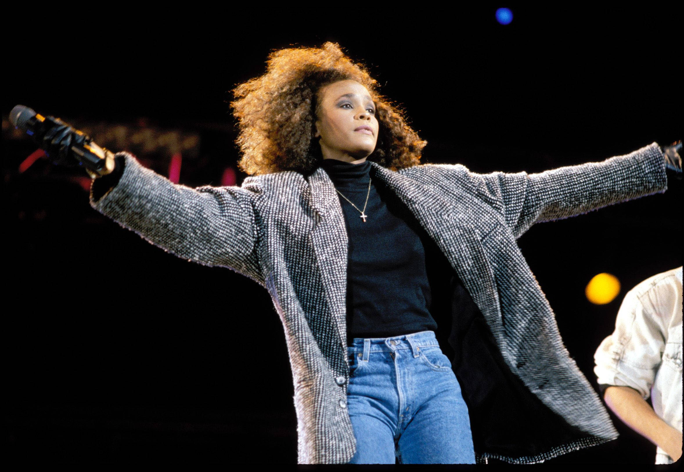 Whitney Houston, voluminous curly hair, stage, Full HD Desktop Wallpaper