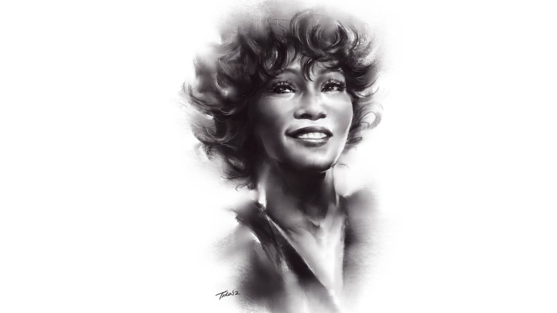 Whitney Houston, black and white portrait, voluminous curls, Full HD Desktop Wallpaper