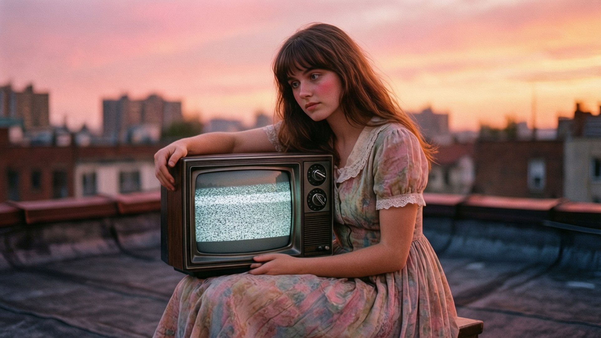 Rooftop Twilight TV, vintage-styled woman, TV, Full HD Desktop Wallpaper