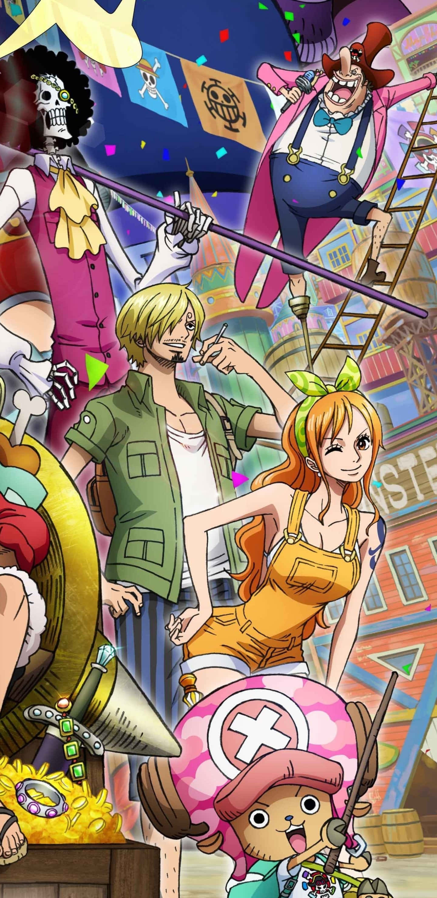 Whole Cake Island, anime characters, pirate-themed town, 2K Phone Wallpaper