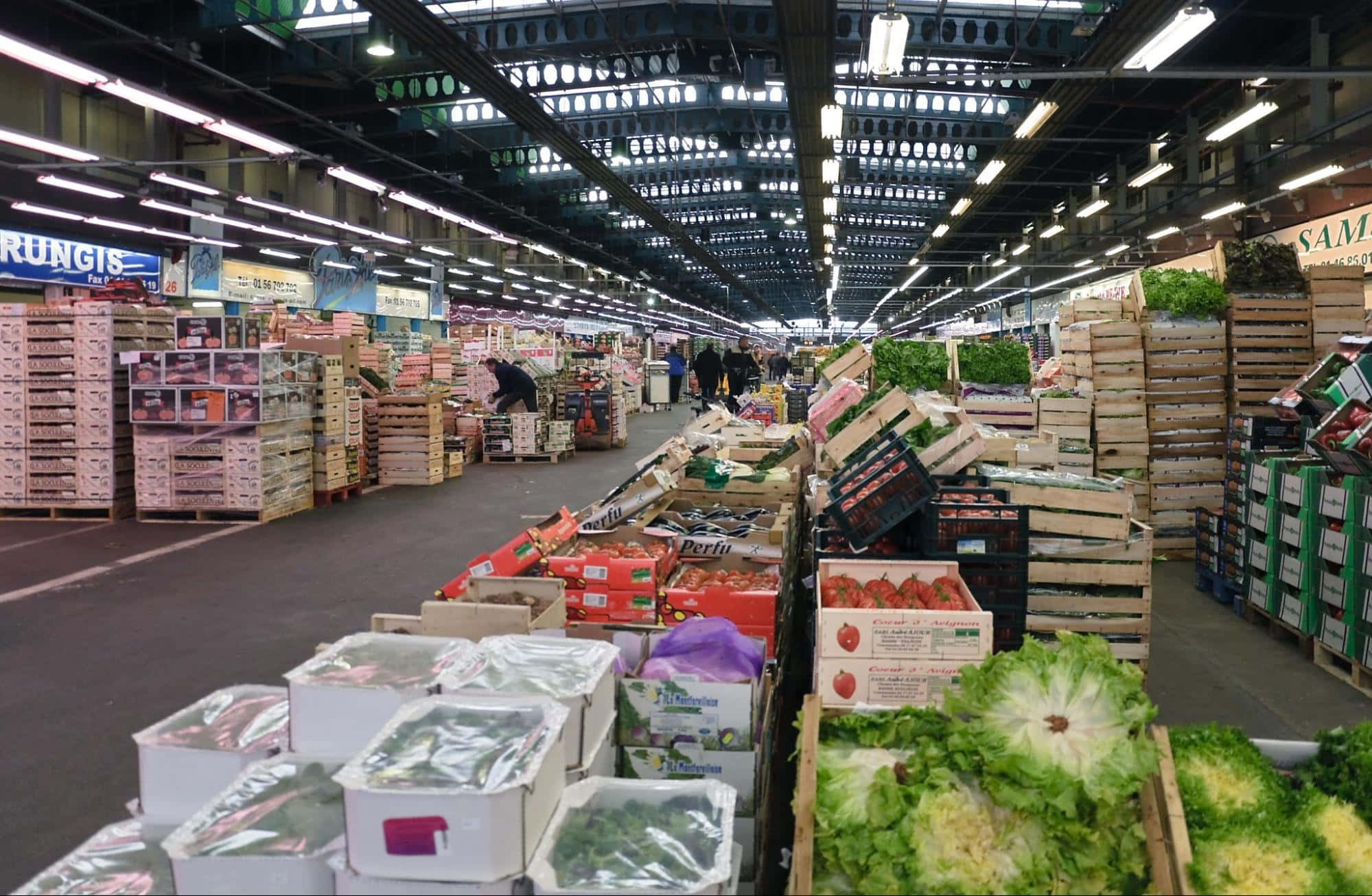 wholesale vegetable market, bustling indoor market aisle, vibrant crates of fresh produce, Full HD Desktop Wallpaper