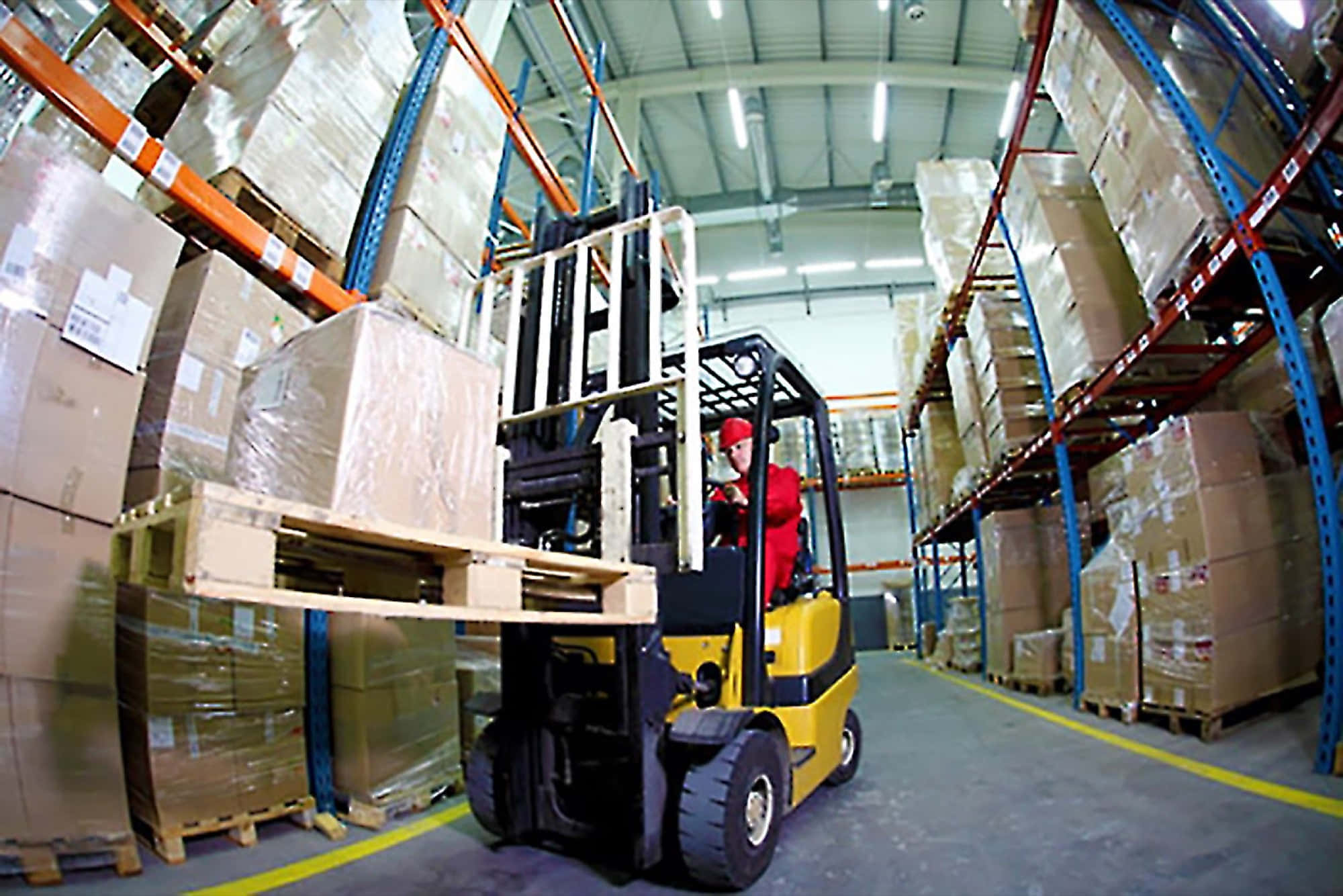 yellow forklift, red uniform, vast warehouse aisle, Full HD Desktop Wallpaper