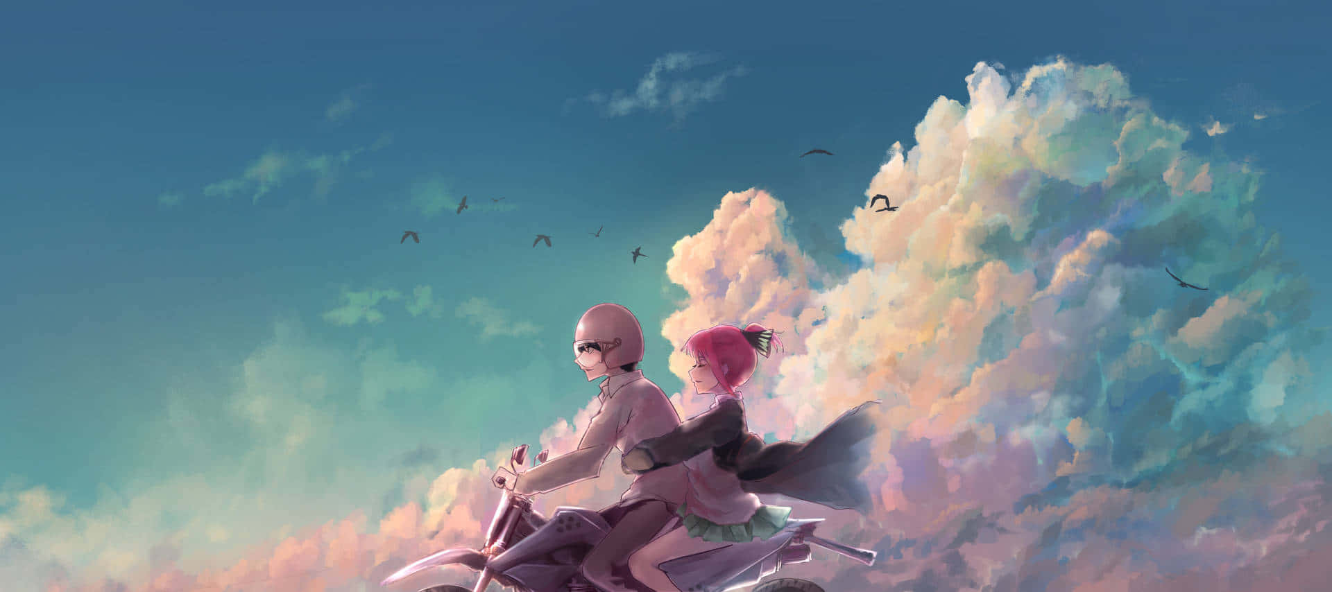 anime characters, motorcycle, vibrant sky, Full HD Desktop Wallpaper