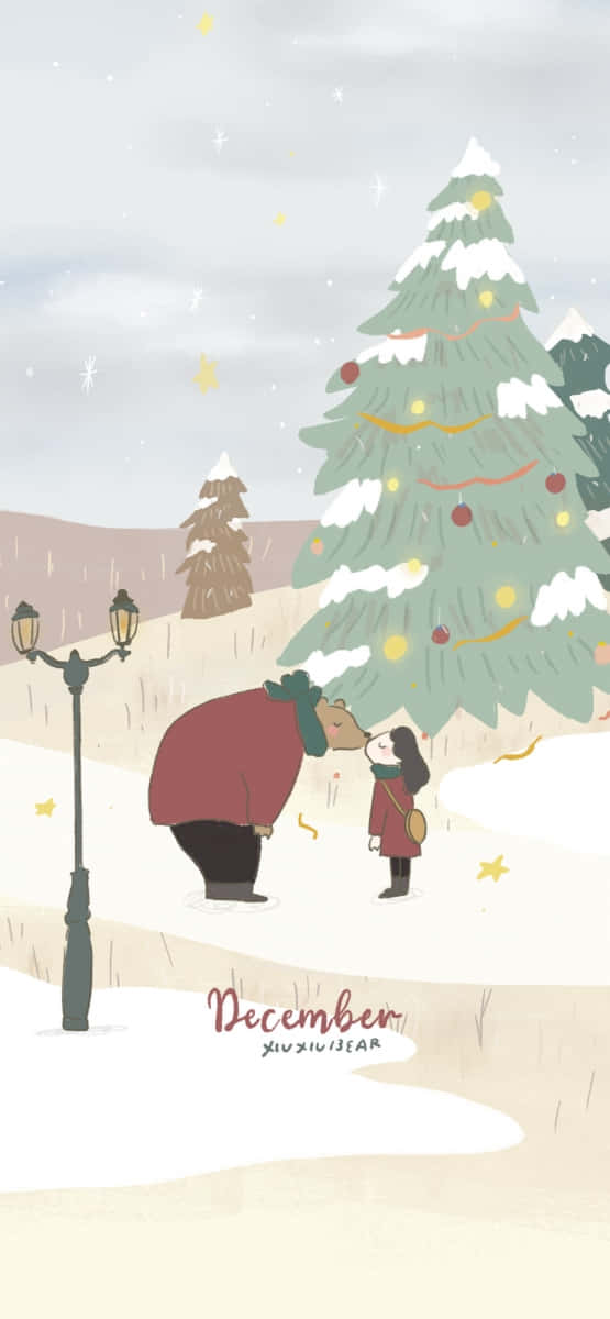 Winter Holiday Embrace, snow-dusted Christmas tree, glowing lights, SD Phone Wallpaper