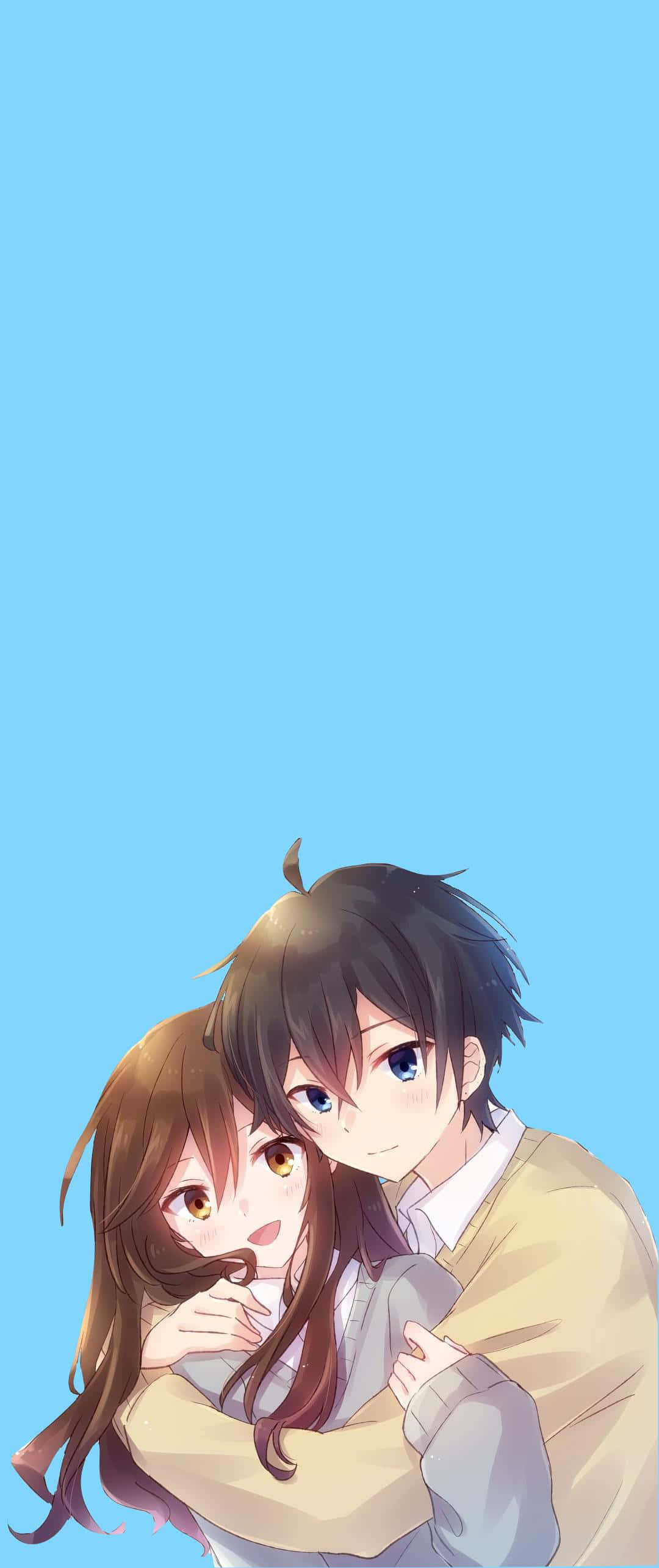 animated couple, sky backdrop, light blue background, 2K Phone Wallpaper