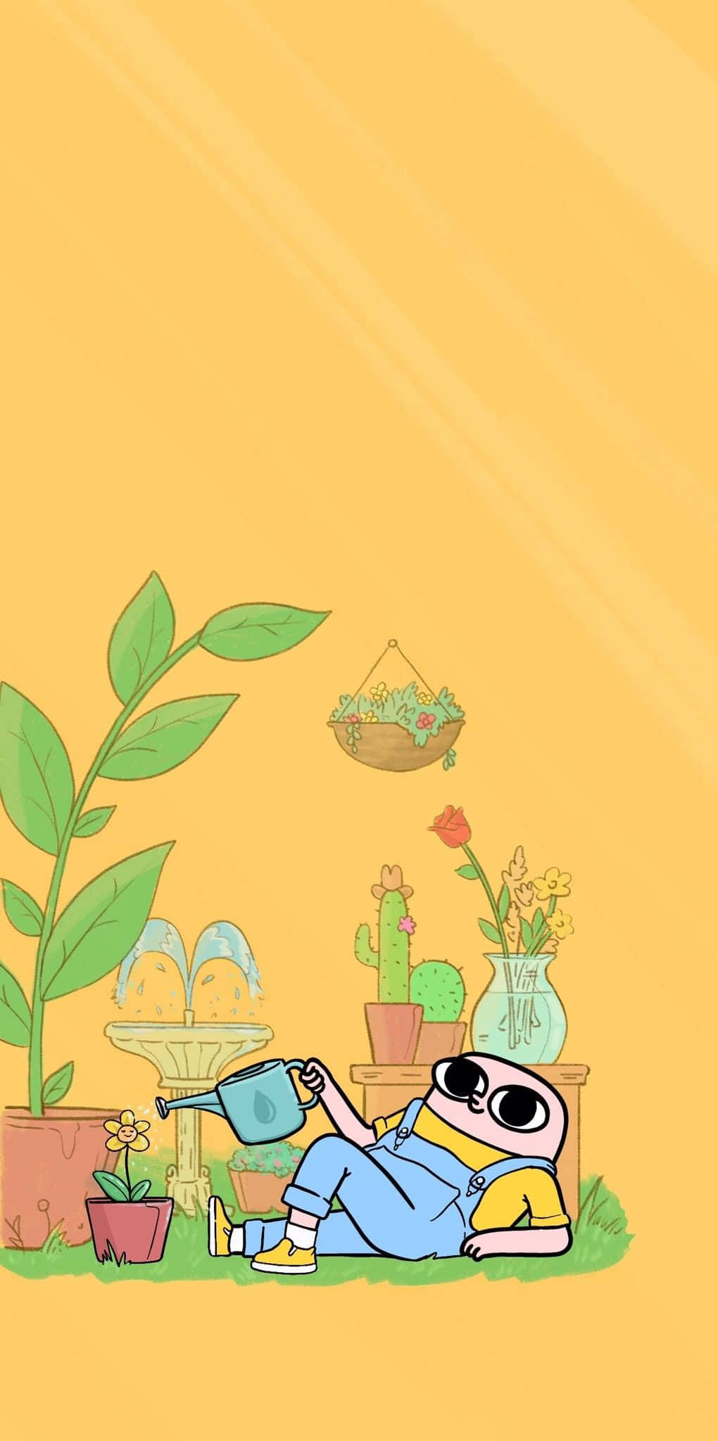cartoon character, blue overalls, grass, Full HD Phone Wallpaper