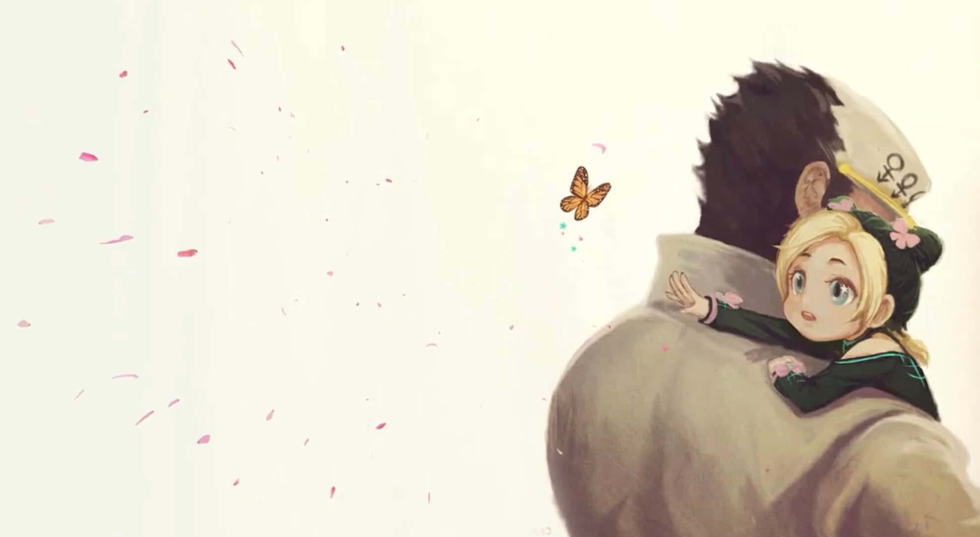 blonde hair, butterfly, falling pink petals, Full HD Desktop Wallpaper
