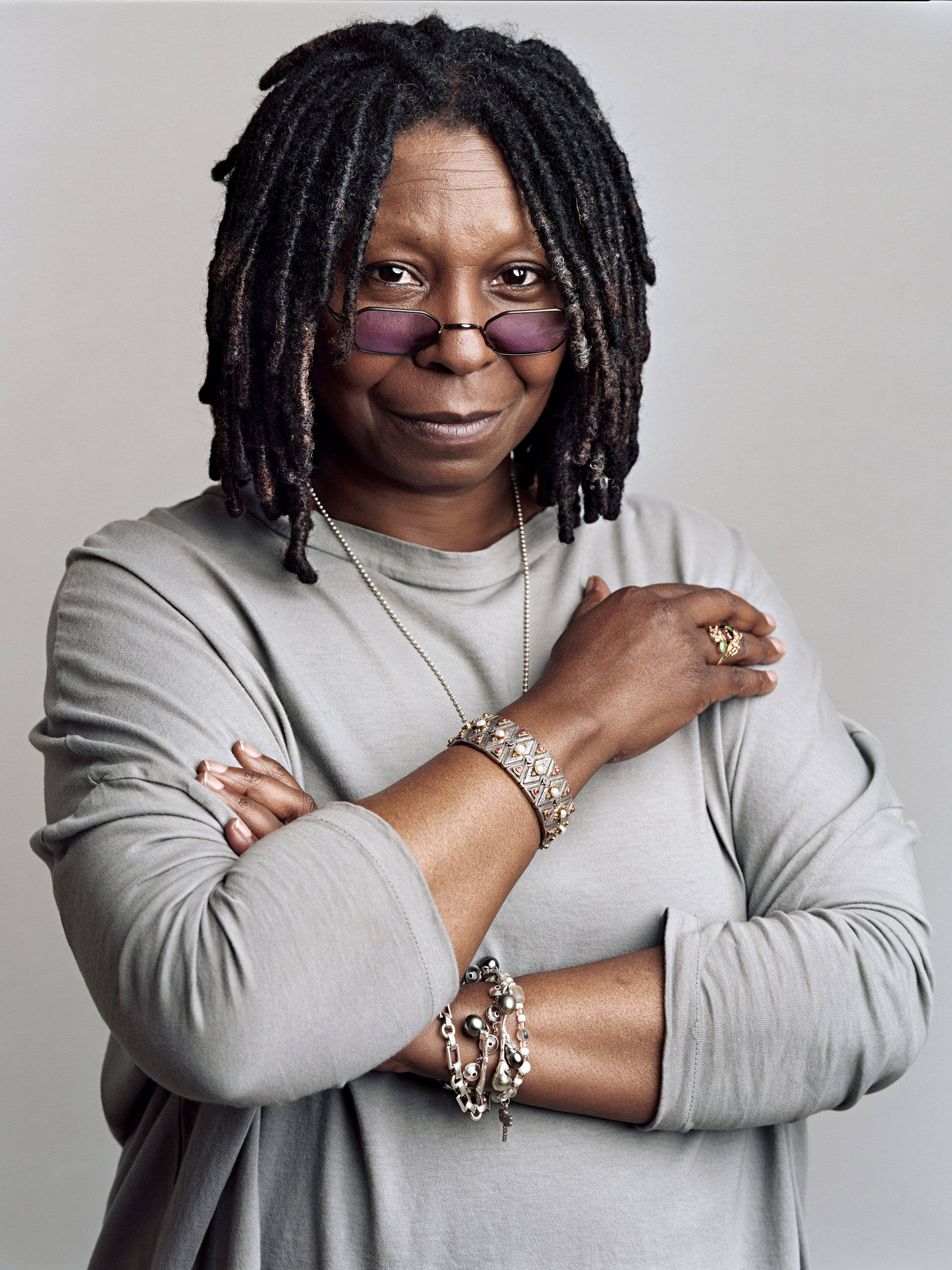Whoopi Goldberg, dreadlocks, purple-tinted glasses, 2K Phone Wallpaper