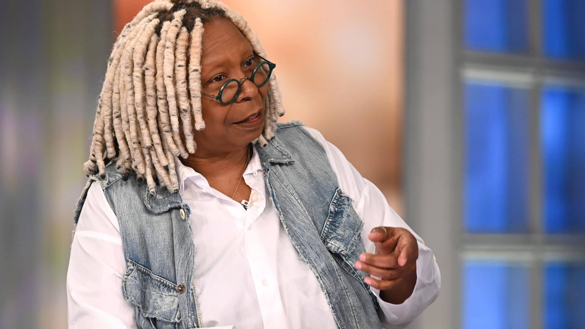 Whoopi Goldberg, denim vest, white shirt, Full HD Desktop Wallpaper