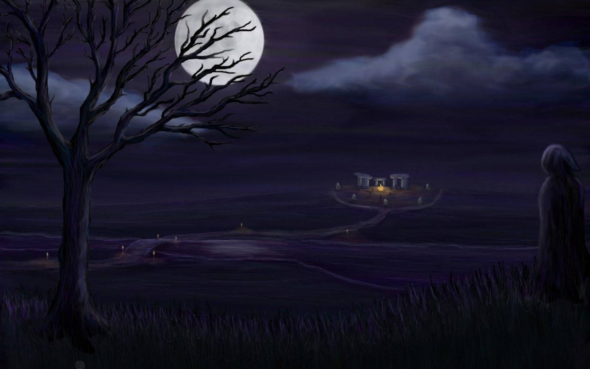 Wiccan, cloaked figure, moonlit field, Full HD Desktop Wallpaper