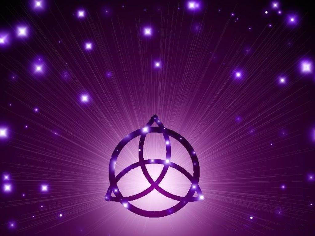 purple wiccan symbol, glowing purple triquetra symbol, starry cosmic background, SD Desktop Wallpaper