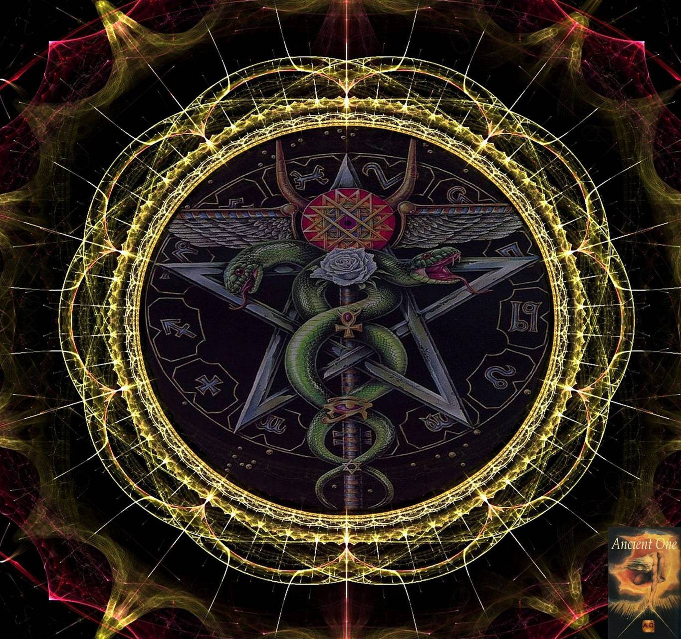 Wiccan, caduceus, golden pentagram, HD Desktop Wallpaper