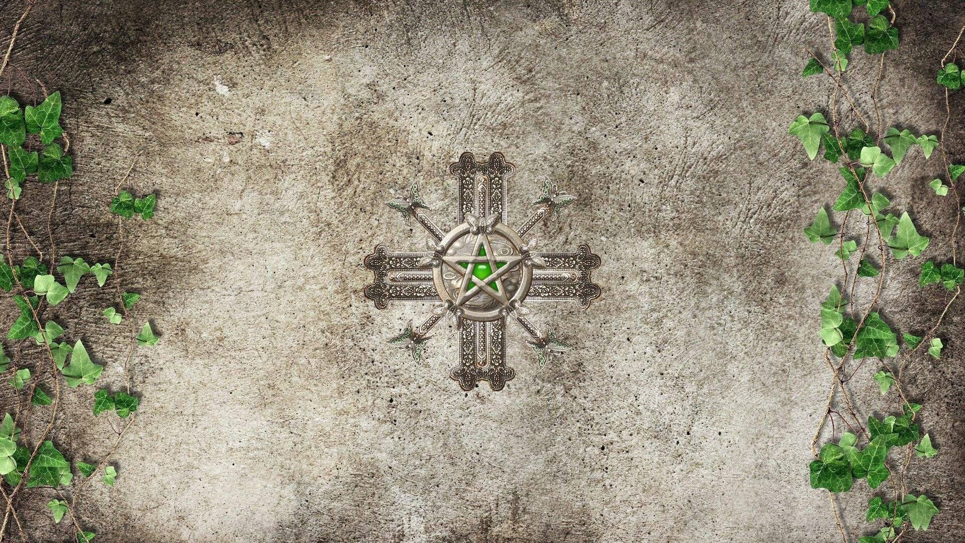 Wiccan, cross emblem, green pentagram, Full HD Desktop Wallpaper
