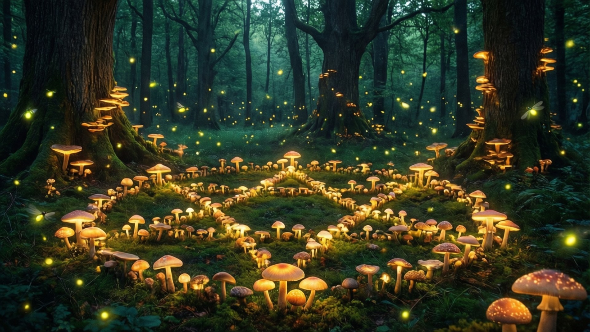 glowing mushroom, pentagram, mystical forest floor, Full HD Desktop Wallpaper