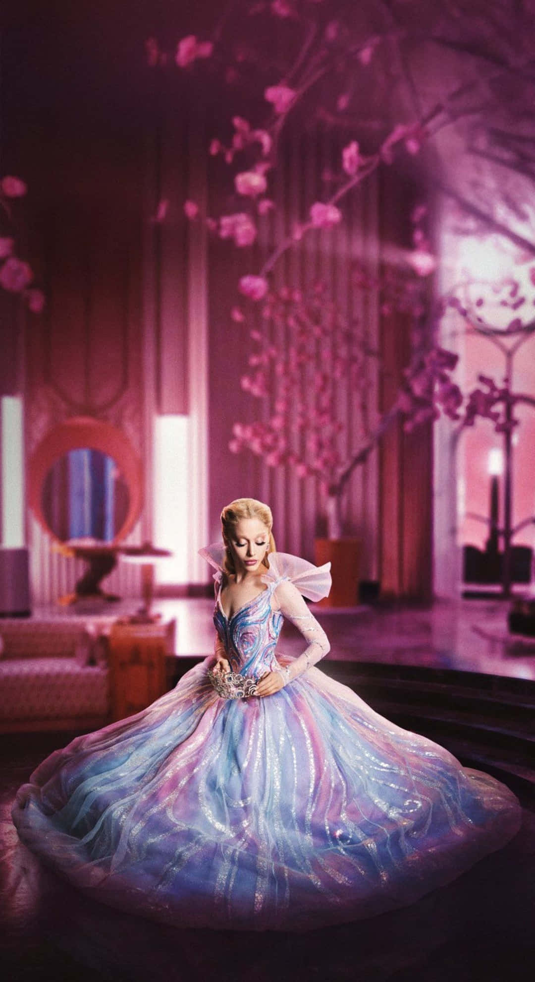 Wicked Glinda, shimmering blue and purple gown, glowing pink cherry blossoms, Full HD Phone Wallpaper
