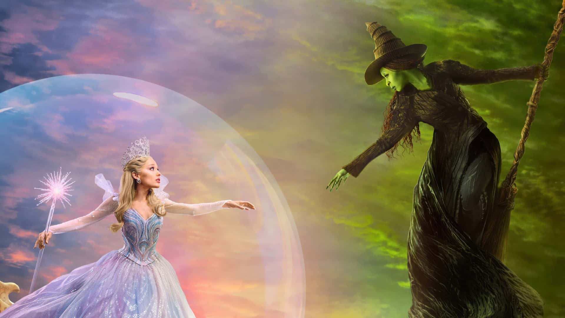 Wicked Glinda, green-skinned witch, shimmering gown, Full HD Desktop Wallpaper
